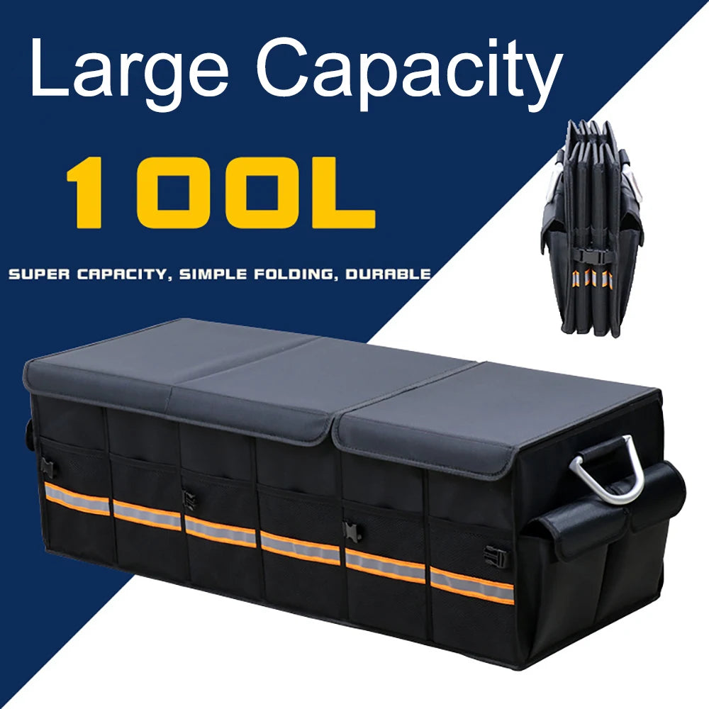 Black 100L car trunk organizer in a vehicle, organizing groceries in Atlanta, GA.