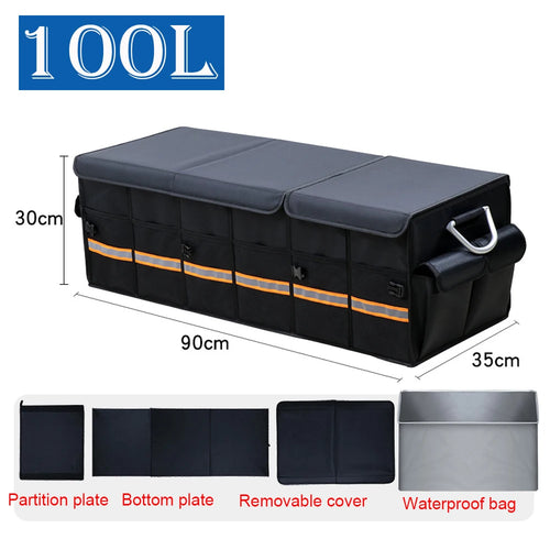 Black 100L car trunk organizer in a vehicle, organizing groceries in Atlanta, GA.
