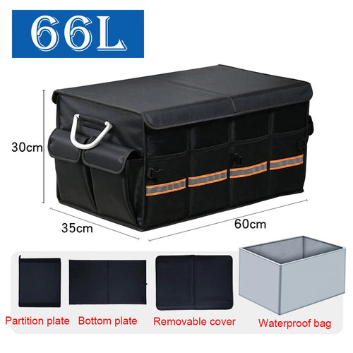 Black 100L car trunk organizer in a vehicle, organizing groceries in Atlanta, GA.