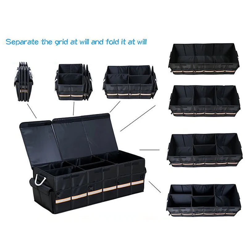 Black 100L car trunk organizer in a vehicle, organizing groceries in Atlanta, GA.