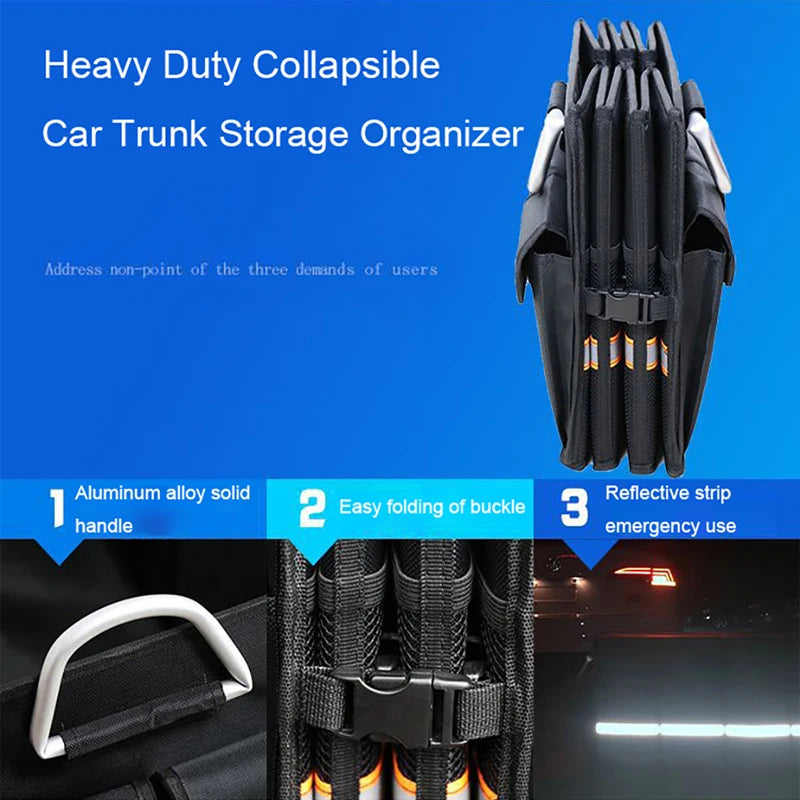 Black 100L car trunk organizer in a vehicle, organizing groceries in Atlanta, GA.