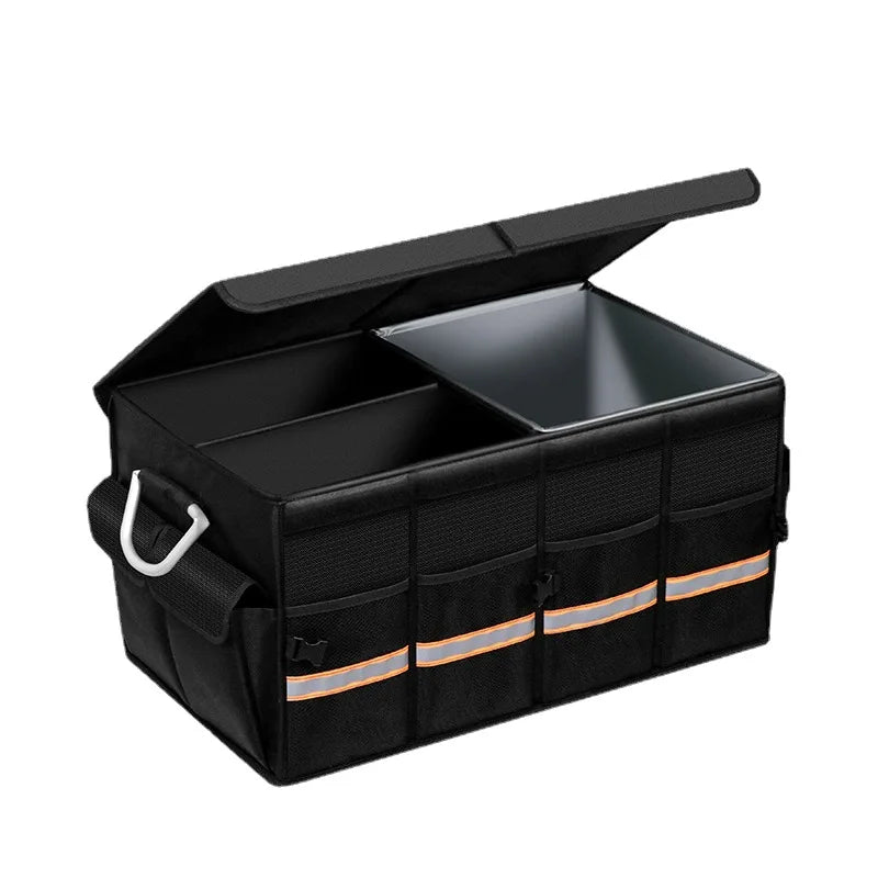 Black 100L car trunk organizer in a vehicle, organizing groceries in Atlanta, GA.