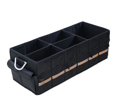 Black 100L car trunk organizer in a vehicle, organizing groceries in Atlanta, GA.