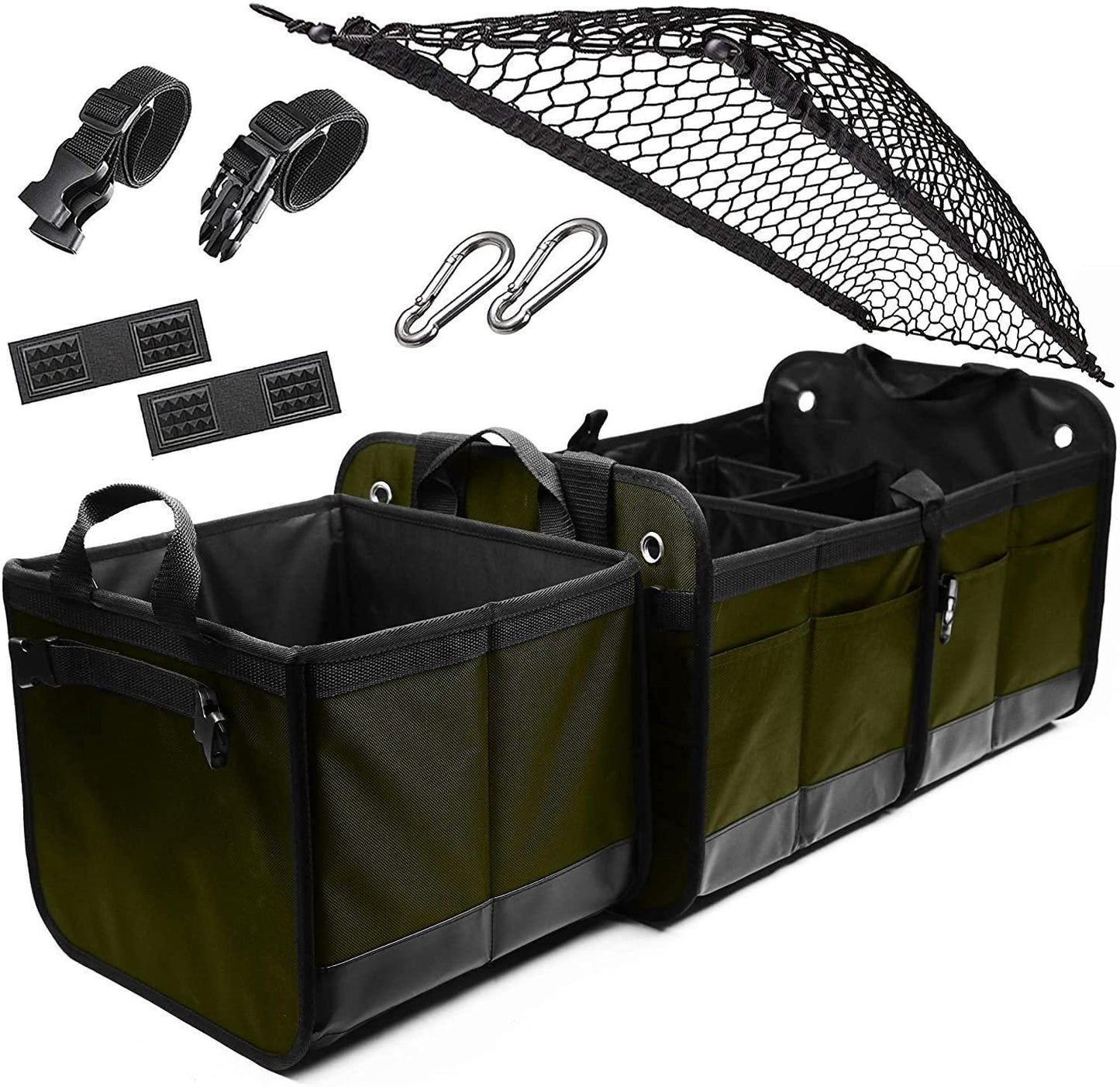 Black 3-compartment car trunk storage organizer in a vehicle, organizing groceries and tools in Dallas, TX.