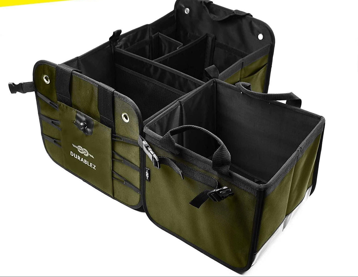 Black 3-compartment car trunk storage organizer in a vehicle, organizing groceries and tools in Dallas, TX.
