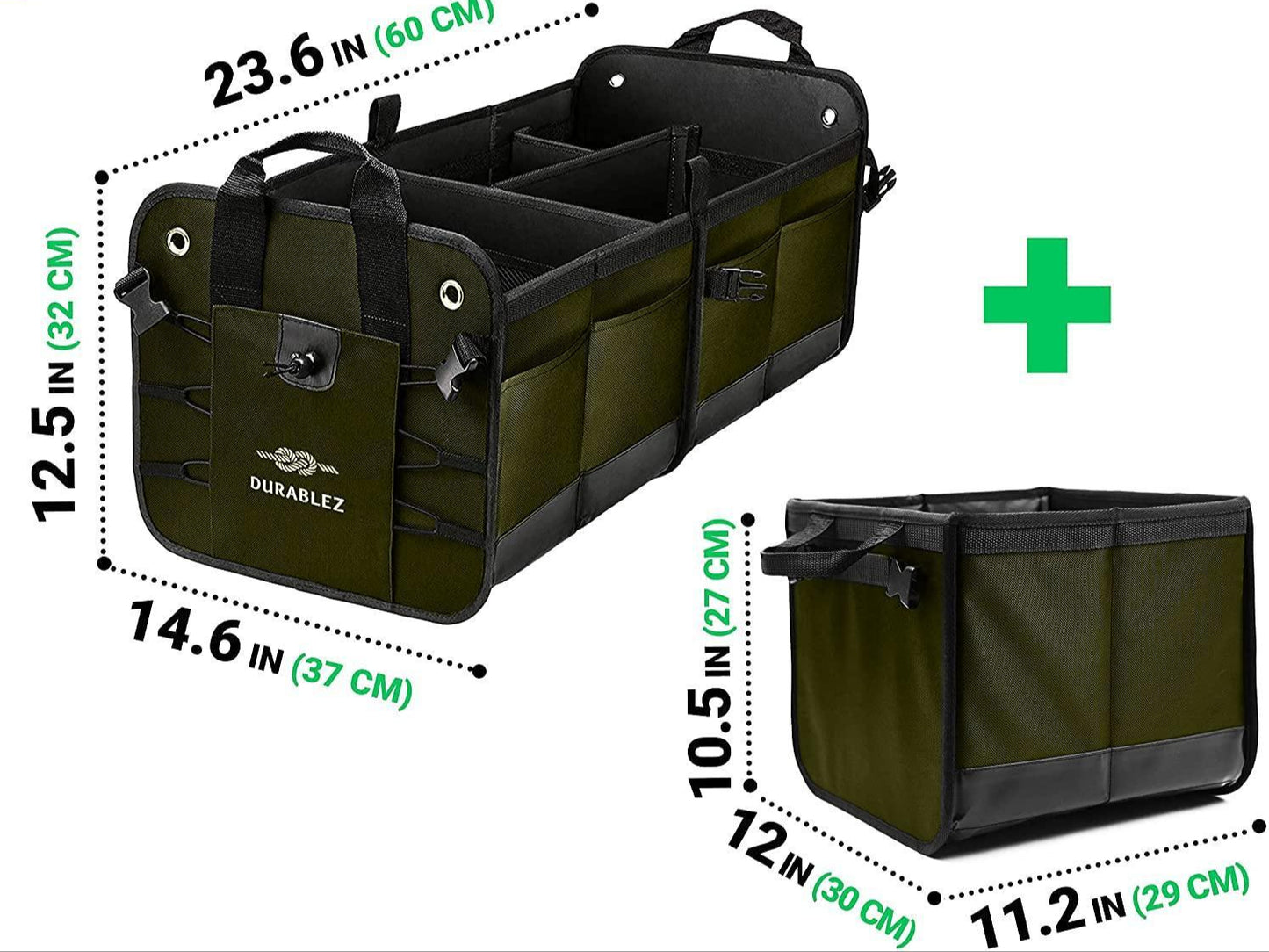 Black 3-compartment car trunk storage organizer in a vehicle, organizing groceries and tools in Dallas, TX.