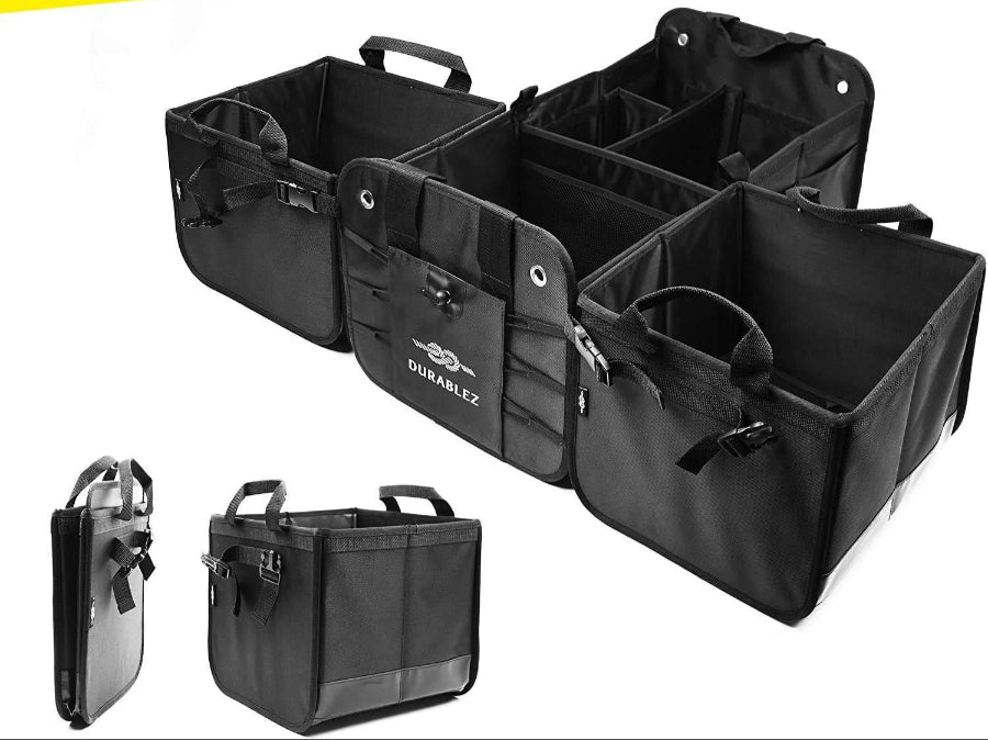 Black 3-compartment car trunk storage organizer in a vehicle, organizing groceries and tools in Dallas, TX.