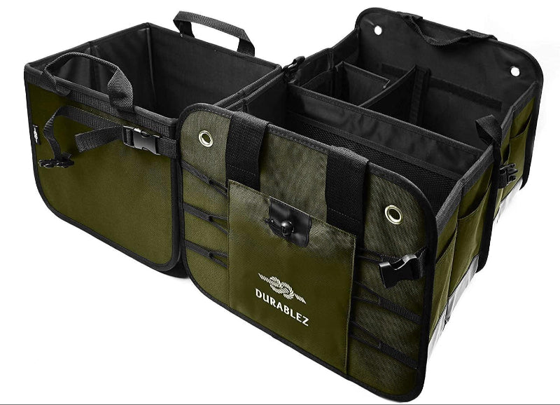Black 3-compartment car trunk storage organizer in a vehicle, organizing groceries and tools in Dallas, TX.
