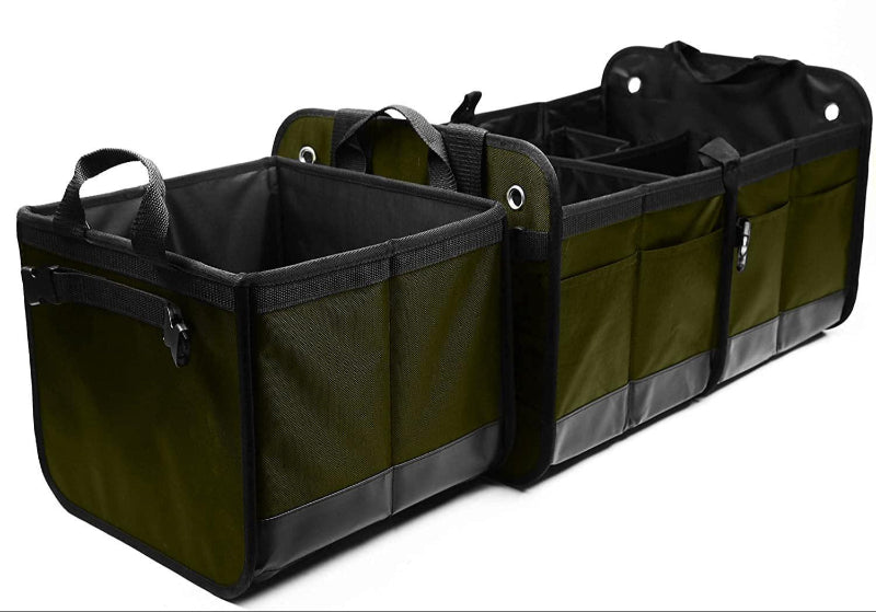 Black 3-compartment car trunk storage organizer in a vehicle, organizing groceries and tools in Dallas, TX.
