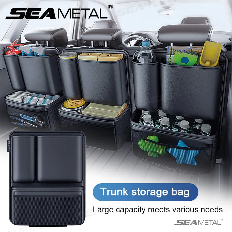 Black SEAMETAL car trunk organizer hanging in an SUV, organizing groceries in Miami, FL.