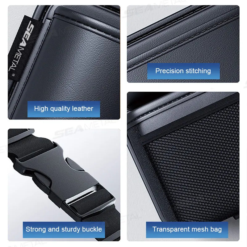 Black SEAMETAL car trunk organizer hanging in an SUV, organizing groceries in Miami, FL.