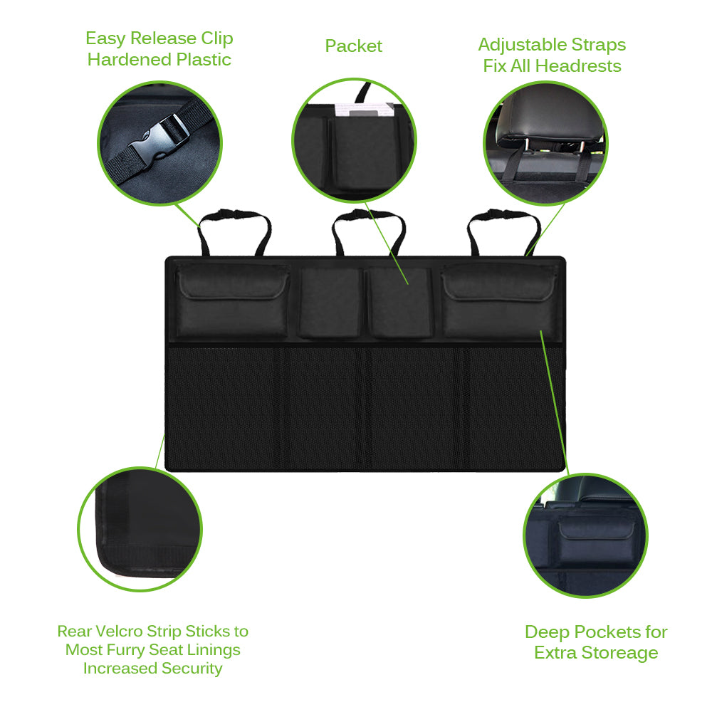 Black foldable car back seat storage bag on a seat, organizing toys and tools in a vehicle interior.