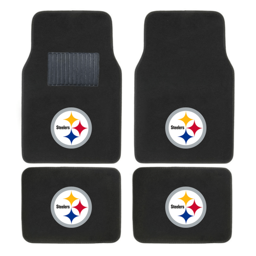 NFL 4-piece car floor mats with embroidered team logo in a vehicle interior, showing secure fit