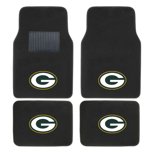NFL 4-piece car floor mats with embroidered team logo in a vehicle interior, showing secure fit