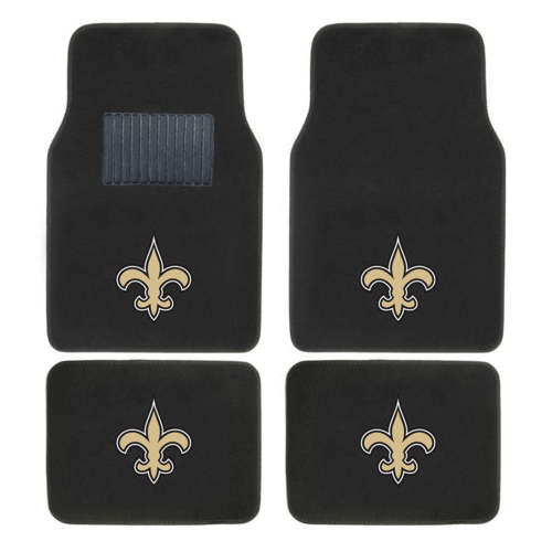 NFL 4-piece car floor mats with embroidered team logo in a vehicle interior, showing secure fit