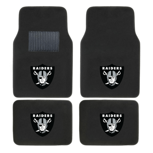 NFL 4-piece car floor mats with embroidered team logo in a vehicle interior, showing secure fit