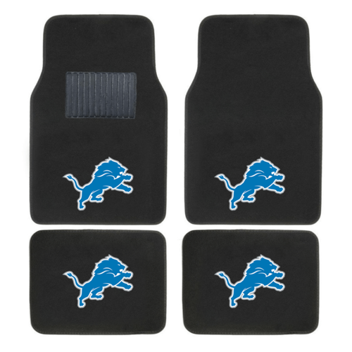 NFL 4-piece car floor mats with embroidered team logo in a vehicle interior, showing secure fit