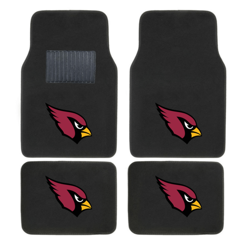 NFL 4-piece car floor mats with embroidered team logo in a vehicle interior, showing secure fit