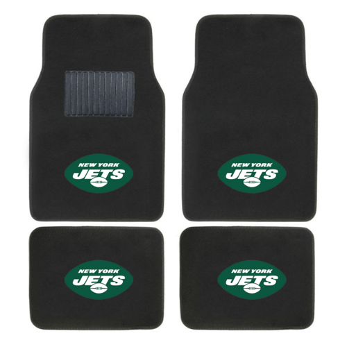 NFL 4-piece car floor mats with embroidered team logo in a vehicle interior, showing secure fit