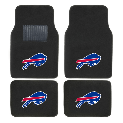 NFL 4-piece car floor mats with embroidered team logo in a vehicle interior, showing secure fit
