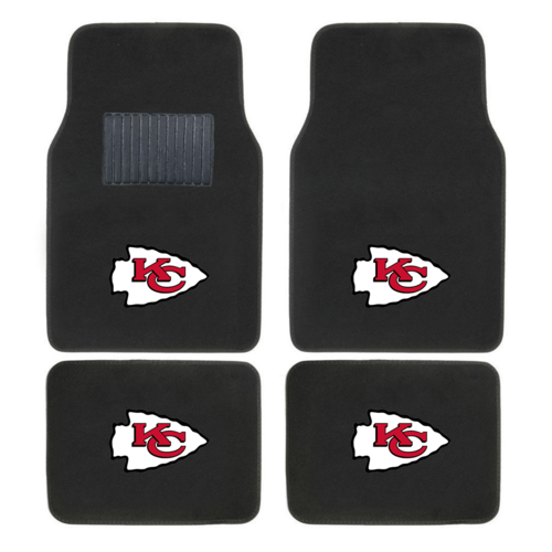 NFL 4-piece car floor mats with embroidered team logo in a vehicle interior, showing secure fit