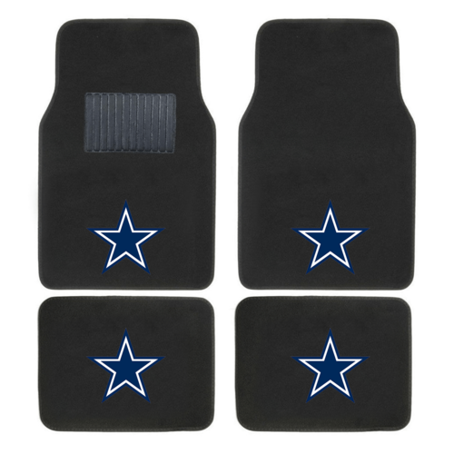 NFL 4-piece car floor mats with embroidered team logo in a vehicle interior, showing secure fit