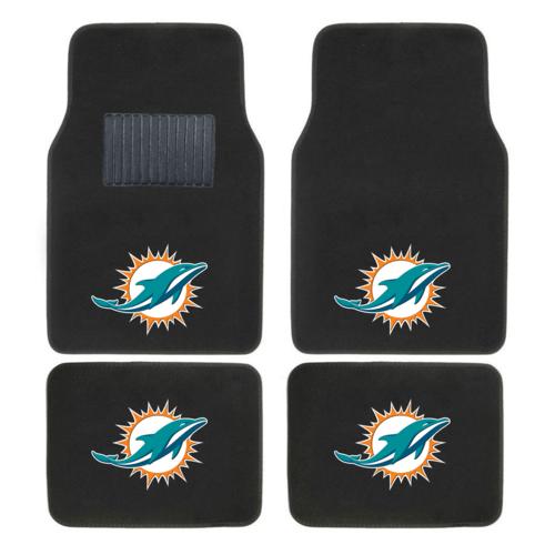 NFL 4-piece car floor mats with embroidered team logo in a vehicle interior, showing secure fit
