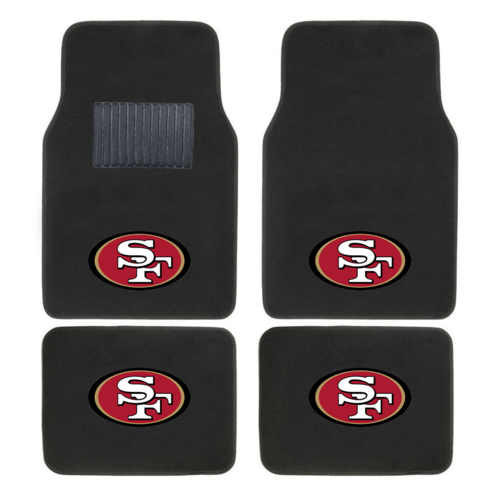 NFL 4-piece car floor mats with embroidered team logo in a vehicle interior, showing secure fit