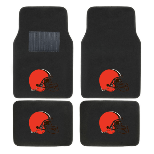 NFL 4-piece car floor mats with embroidered team logo in a vehicle interior, showing secure fit
