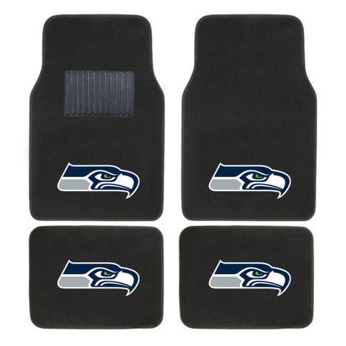 NFL 4-piece car floor mats with embroidered team logo in a vehicle interior, showing secure fit