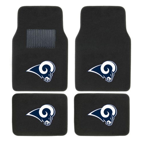 NFL 4-piece car floor mats with embroidered team logo in a vehicle interior, showing secure fit