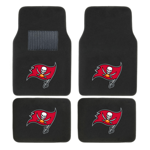 NFL 4-piece car floor mats with embroidered team logo in a vehicle interior, showing secure fit