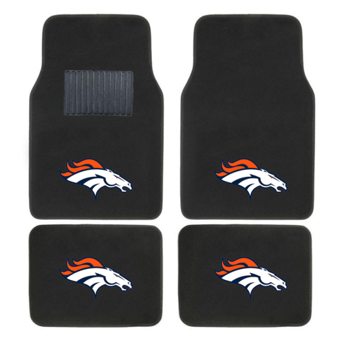 NFL 4-piece car floor mats with embroidered team logo in a vehicle interior, showing secure fit