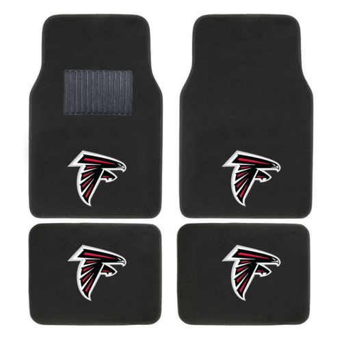 NFL 4-piece car floor mats with embroidered team logo in a vehicle interior, showing secure fit
