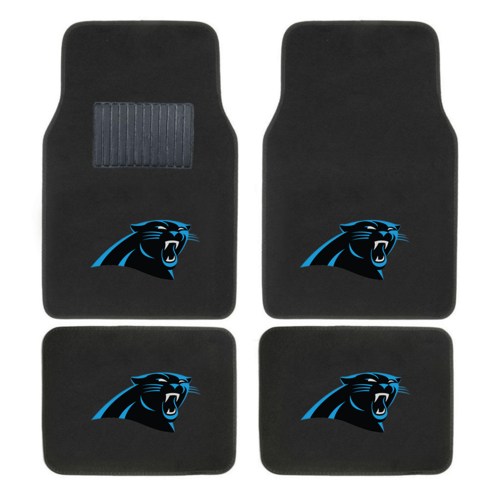 NFL 4-piece car floor mats with embroidered team logo in a vehicle interior, showing secure fit