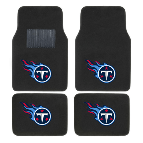 NFL 4-piece car floor mats with embroidered team logo in a vehicle interior, showing secure fit