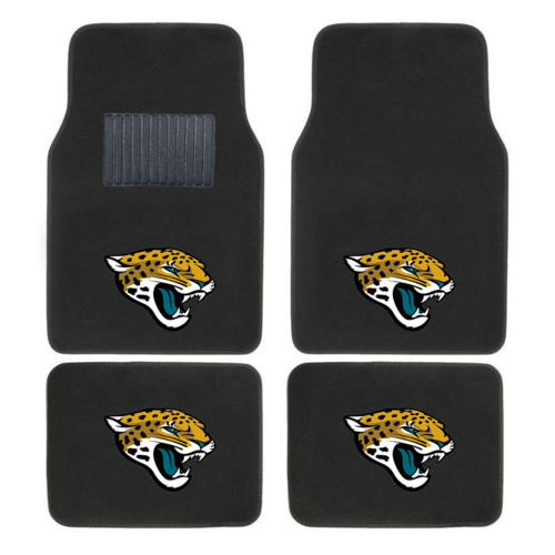 NFL 4-piece car floor mats with embroidered team logo in a vehicle interior, showing secure fit