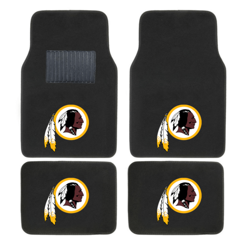 NFL 4-piece car floor mats with embroidered team logo in a vehicle interior, showing secure fit