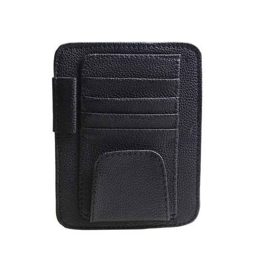 Black PU leather car sun visor storage bag holding sunglasses in a vehicle, organizing essentials in Philadelphia, PA.