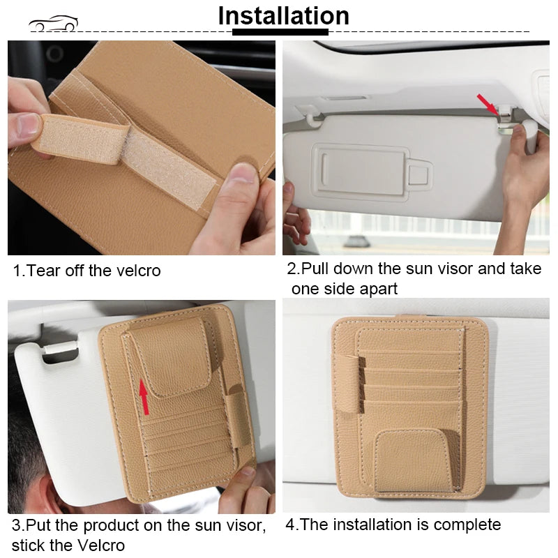 Black PU leather car sun visor storage bag holding sunglasses in a vehicle, organizing essentials in Philadelphia, PA.