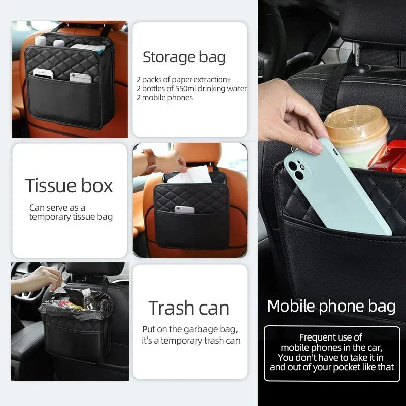 Multi-Functional Car Seat Storage Bag Leather with Garbage Bin on Seat