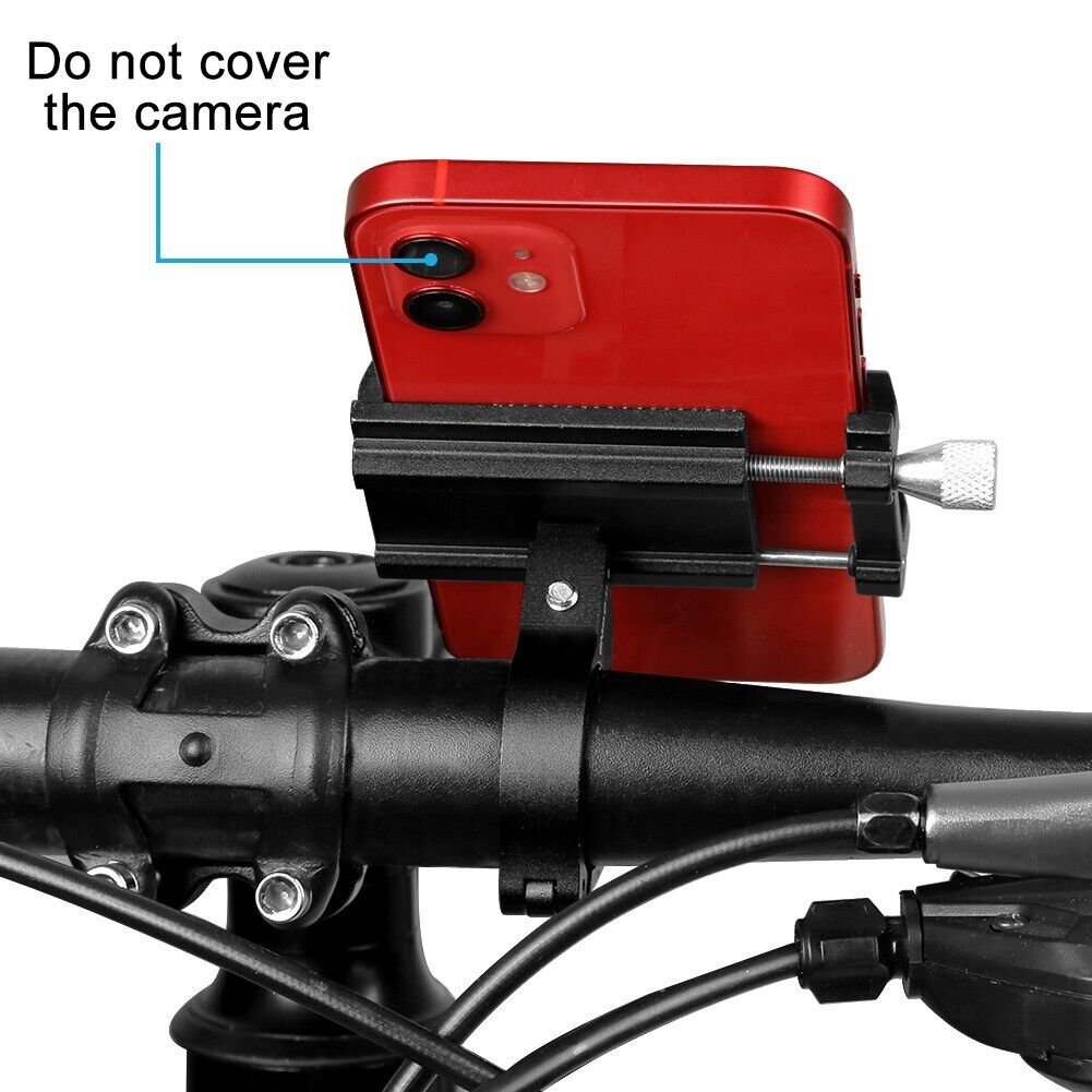 aluminum phone holder mount on a bicycle handlebar, securing a phone outdoors