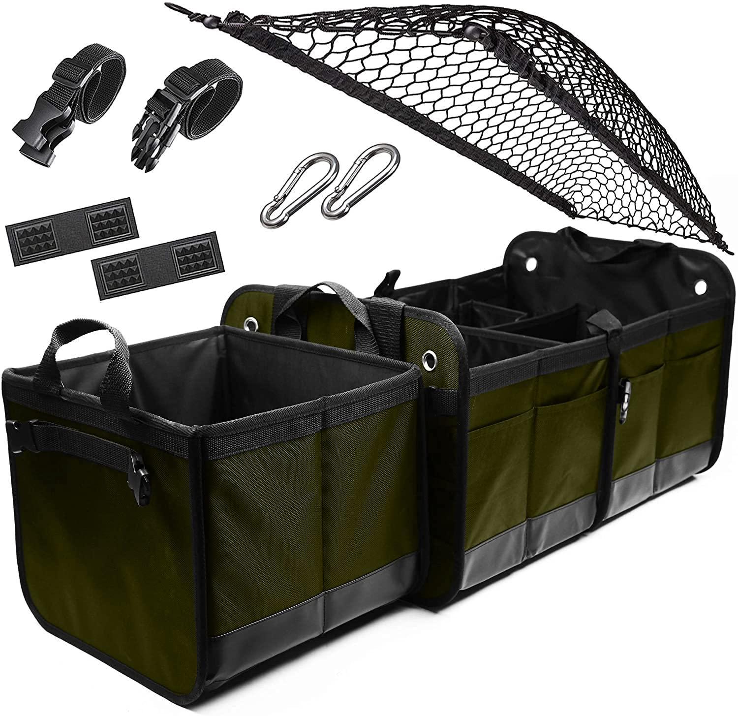 Black 3-compartment car trunk storage organizer in a vehicle, organizing groceries and tools in Dallas, TX.