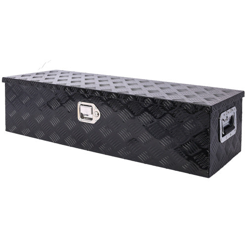 Black 39inch aluminum truck bed tool box on a pickup, offering secure storage outdoors