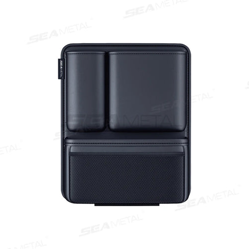 Black SEAMETAL car trunk organizer hanging in an SUV, organizing groceries in Miami, FL.