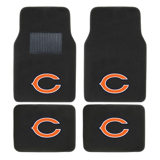 NFL 4-piece car floor mats with embroidered team logo in a vehicle interior, showing secure fit