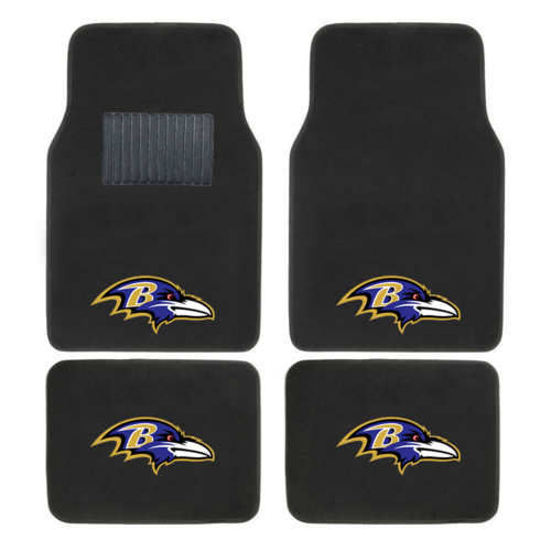 NFL 4-piece car floor mats with embroidered team logo in a vehicle interior, showing secure fit
