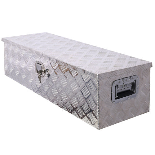 Silver 39inch aluminum truck bed tool box on a pickup, offering secure storage outdoors